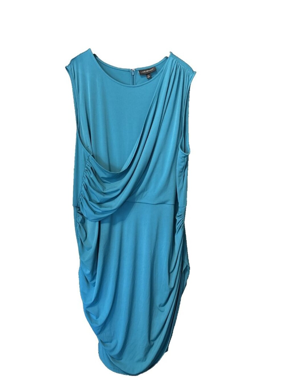 Lane Bryant Dress Women's 28 Teal Faux Wrap Drape Midi Bodycon Sleeveless Ruched